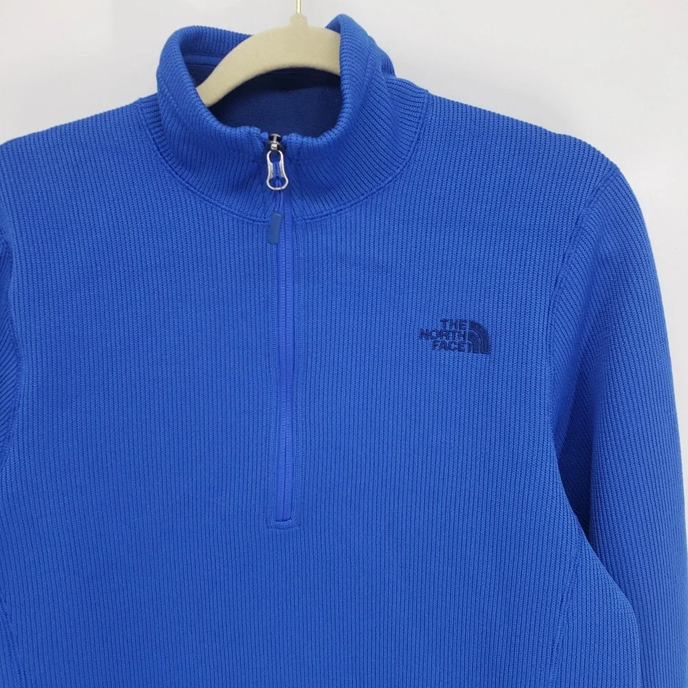 The North Face Ribbed Knit Quarter Zip Pullover Men M Blue Fleece Lined Sweater